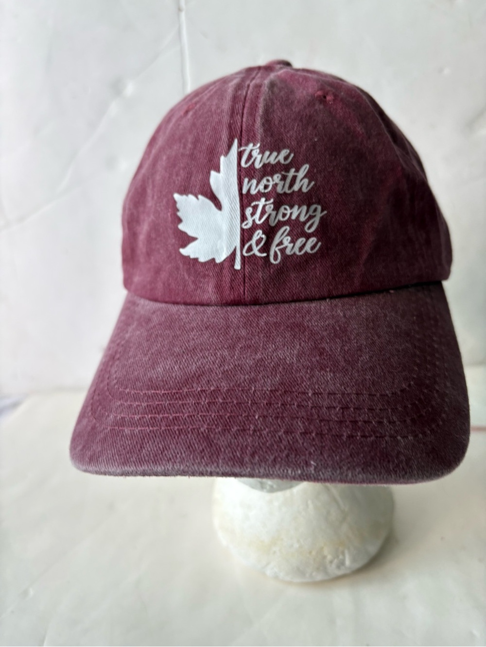 Maroon Canada basebal Cap with White Leaf & 'True North Strong & Free Embroidery